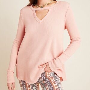 Anthropologie T. La Nadia Cut Out Waffle Tunic Top, Long Sleeve Layering V Neck
